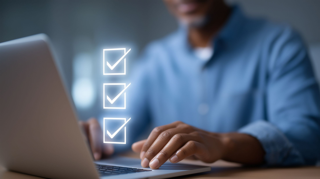 Business man works on computer while checkboxes fill in on screen